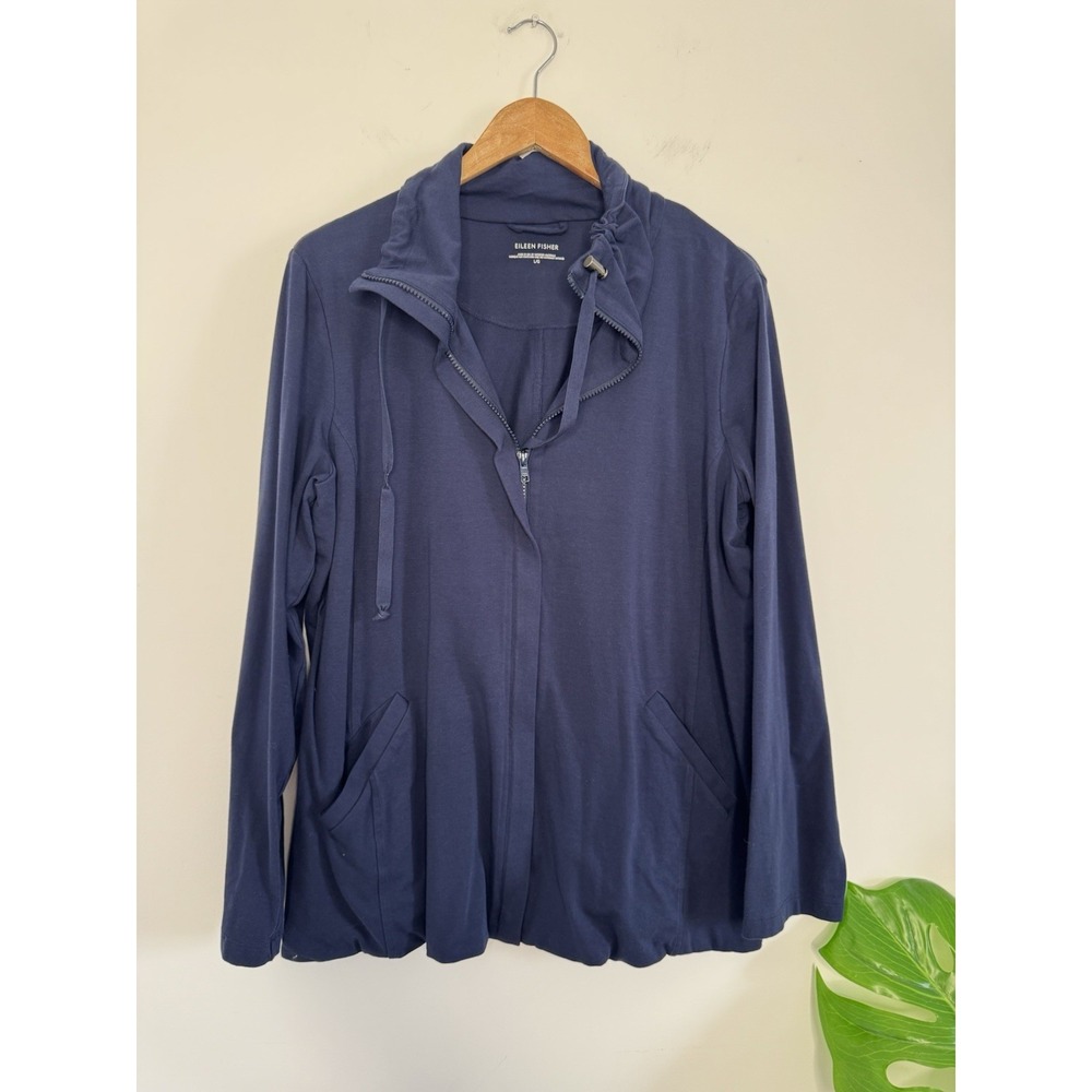 Eileen Fisher Jacket Womens Large Blue Full Zip Pocket Mock Neck Organic‎ Cotton